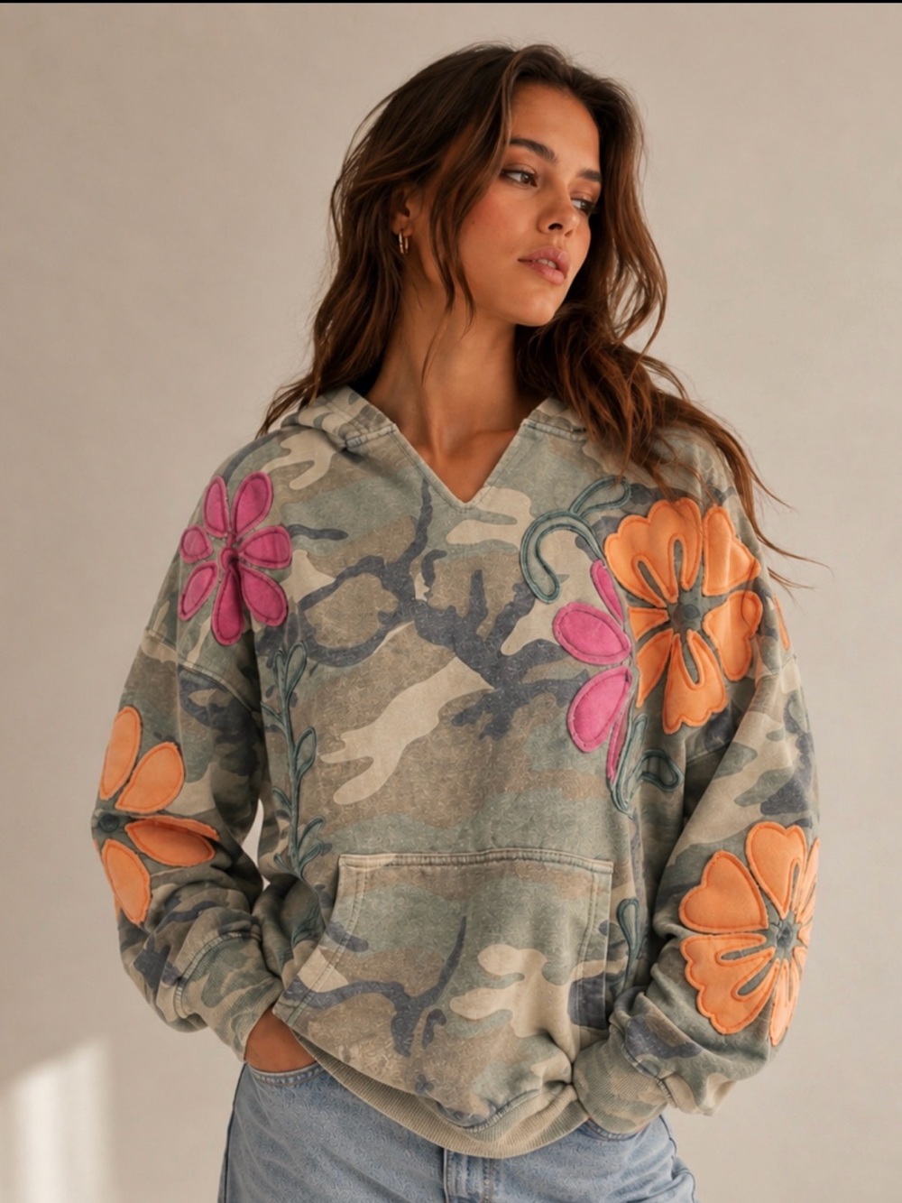 Floral Appliqué Camo Hoodie - Multicolor